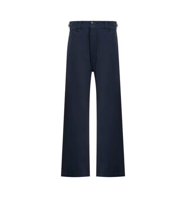 Image 1 of 3 - NAVY - CHIMALA Drill Work Trousers featuring a wide-leg workwear fit with adjustable buckles at the side of the waist and double button closure above the front closure.