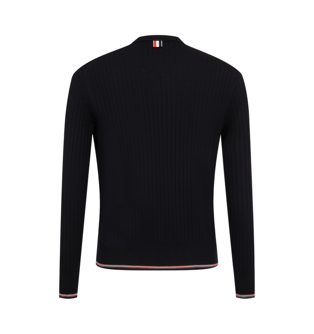 Image 2 of 2 - BLUE - Thom Browne Mens Crewneck Sweater is crafted from fine-gauge merino wool knit. Features a crew neckline, long sleeves, ribbed collar, cuffs, and hem with signature RWB tipping, and signature striped grosgrain loop tab. Main Material: 97% Wool, 3% Polyamide. Made in Italy.