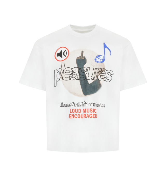 Image 1 of 2 - WHITE - PLEASURES Loud Music T-Shirt featuring short sleeves, crewneck, graphic print and straight hem. 100% cotton. Made in Mexico.