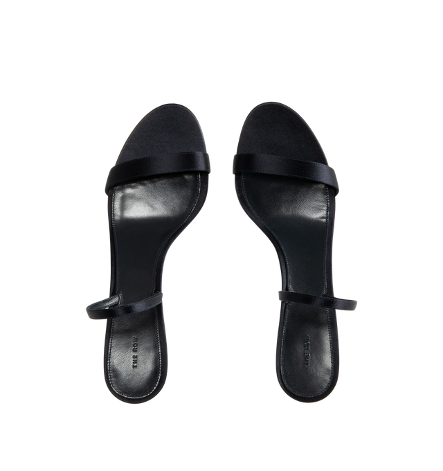 Image 4 of 5 - NAVY - The Row Women's Ella Kitten Slingback Heel featuring heeled sandal in satin with almond toe, slim heel and toe straps with concealed elastic band and leather sole. 2 in. heel. 72% viscose, 28% silk. Lined in 100% lambskin leather. Calfskin leather sole. Made in Italy.