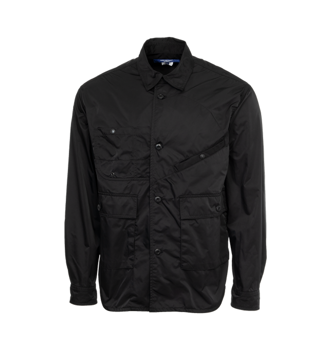 Image 1 of 3 - BLACK - JUNYA WATANABE Pocket Shirt featuring multiple front pockets, adjustable buttoned cuffs and curved hem. 100% polyester. Made in Japan.