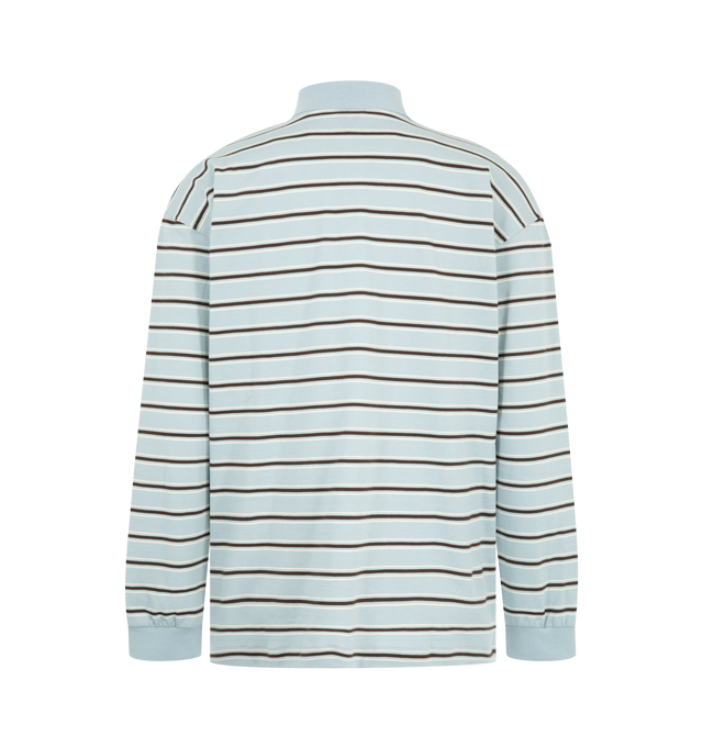 Image 2 of 2 - BLUE - Bottega Veneta Mens Striped Polo Sweater is crafted from premium cotton knit. Features a relaxed fit, long sleeves, ribbed collar and cuffs, button placket, chest pocket, and all-over striped pattern. Main Material: 100% Cotton. Made in Italy
