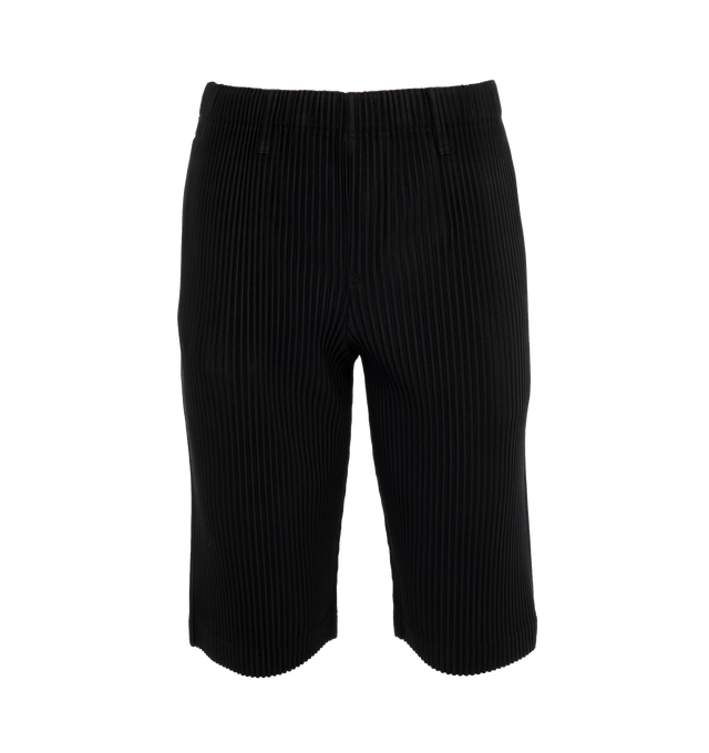 Image 1 of 4 - BLACK - ISSEY MIYAKE Tailored Pleats 2 Trousers featuring concealed drawstring at elasticized waistband, belt loops, two-pocket styling, button-fly, box pleat at front legs and cropped cuffs. 100% polyester. Made in Philippines. 