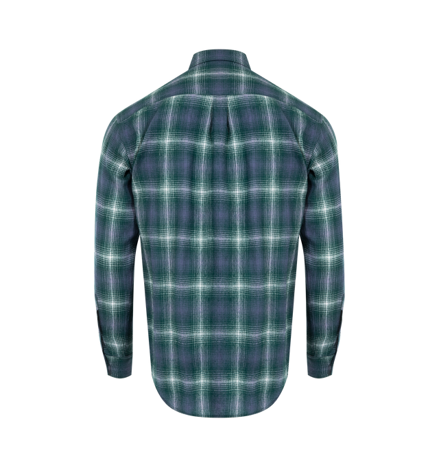 Image 2 of 2 - GREEN - AURALEE Airy Wool Check Shirt featuring ultra-fine combed wool, relaxed fit, plaid throughout, long sleeves with button cuffs and button front closure. 100% wool.