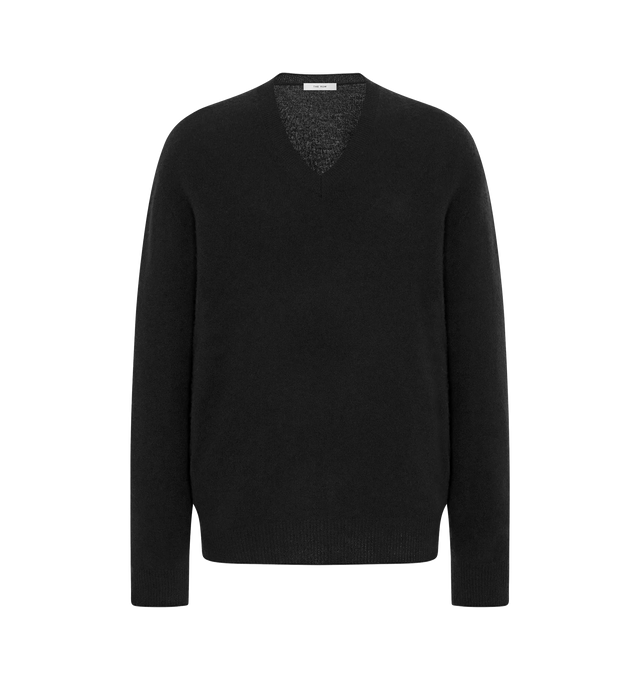Image 1 of 2 - BLACK - THE ROW Numi Sweater featuring long-sleeved v-neck sweater in ultrasoft Japanese cashmere with oversized fit, seamless construction, and ribbed neckline, cuffs, and hem. 100% cashmere. Made in Italy.