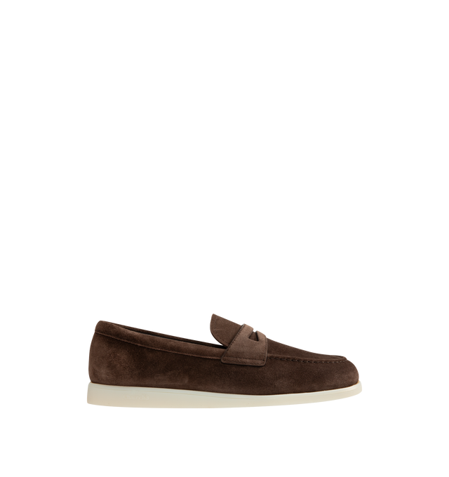 Image 1 of 4 - BROWN - CHURCH'S Portsmouth Suede Shoe featuring loafer with handmade apron-toe seam, suede upper, leather footbed, off-white rubber sole with Church's logo and Blake construction for enhanced flexibility. Made in Italy.