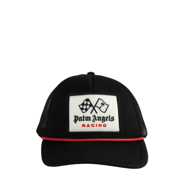 Image 1 of 2 - BLACK - Palm Angels Moneygram Haas F1 Edition Embroidered Cap. Paneled cotton twill and mesh cap with racing flag logo graphic embroidered at face, curved brim, text embroidered at back face and snapback strap at back. 