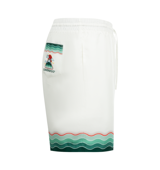 Image 3 of 3 - WHITE - CASABLANCA Montagne Ondulee Silk Short featuring all-over printed design, silk twill fabric, an elasticised waistband, drawstring fastening, in-seam side pockets, a back pocket and Memphis wave-inspired stripe edge detail on the hem and back pocket. 100% silk. Made in Italy.