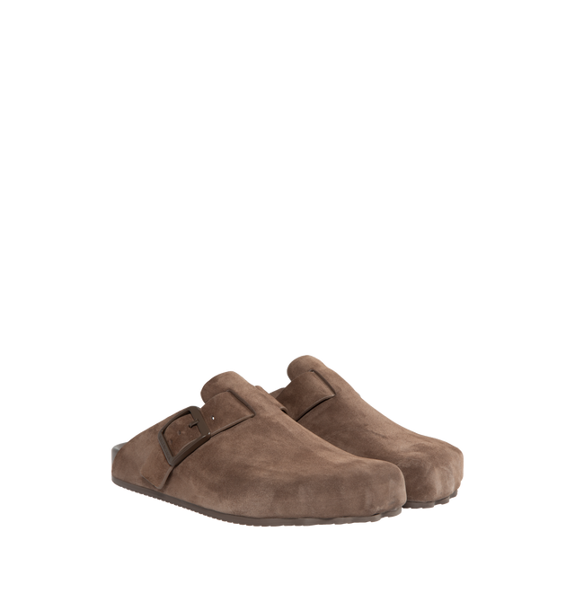 Image 2 of 4 - BROWN - BALENCIAGA Sunday Mule featuring suede calfskin, mule, five finger shape at toe, one leather strap with one adjustable belt buckle, Balenciaga logo engraved on buckle, printed Balenciaga logo on sole part and tone-on-tone sole and insole. 100% calfskin. Made in Italy. 
