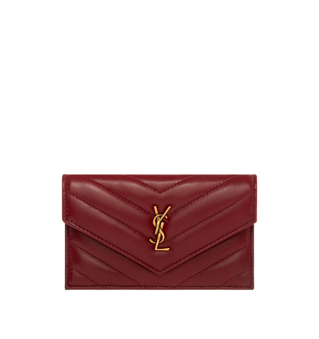 Image 1 of 3 - RED - SAINT LAURENT Flap Card Case in lambskin featuring zip card holder with flap, logo on front, quilted topstitching, bronze-tone hardware, snap-button closure, five card slots, one zip pocket and one flat pocket. 5.1" x 3.1" x 0.8". Lambskin. Made in Italy.