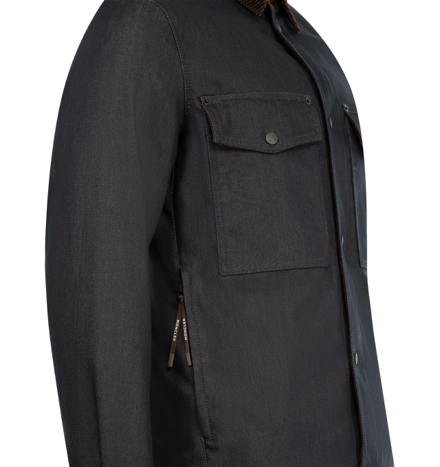 Image 4 of 5 - BLUE - MONCLER Denim Corduroy-Trimmed Shirt Jacket featuring comfort denim, rainwear lining, corduroy collar, long sleeves, zipper and snap button closure, chest pocket with snap button and zipper closure and adjustable cuffs. 75% cotton, 24% polyester, 1% elastane/spandex. Lining: 100% polyamide/nylon. 100% cotton.