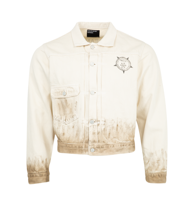 Image 1 of 2 - WHITE - ENFANTS RICHES DEPRIMES Type VII Jacket "The Dream That Wont Go Away" in lightweight Japanese cotton selvedge denim (11 oz) featuring a spread collar, front patch pocket, and logo-branded brass hardware with a cinch-back in a silver finish. Printed artwork appears at the chest and back, finished with distressing throughout. 100% cotton.