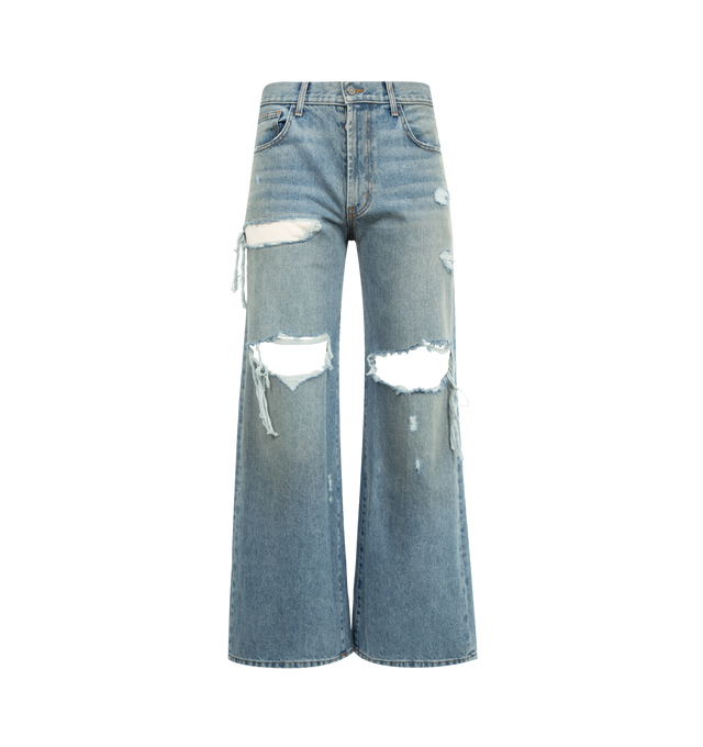 Image 1 of 3 - BLUE - SATOSHI NAKAMOTO Blessed to be Stressed Denim featuring vintage treatment, 1$ bill patch, zipper-fly, relaxed fit and distressing throughout. 100% cotton. Made in USA.