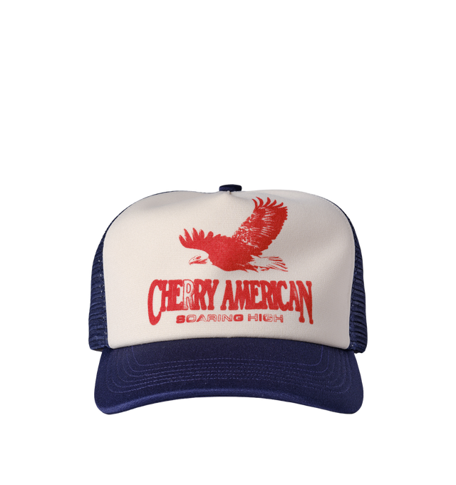 Image 1 of 7 - NAVY - Cherry LA Golden Eagle Trucker Hat is crafted from polyester and features a classic trucker silhouette with a screen-printed Golden Eagle graphic at the front and embroidered detailing at the back. Main Material: Polyester. Fit: Adjustable. Closure: Plastic Snapback Closure. Made in Los Angeles, California.