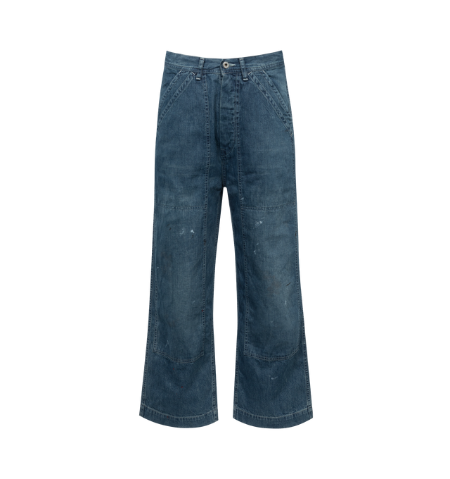 Image 1 of 2 - BLUE - Chimala Wide leg double knee denim work trousers crafted from 100% cotton denim with hand distressing and paint splatter detailing. Featuring fatigue style double front pocket, single back pocket with "C" patch.  Made in Japan.  
