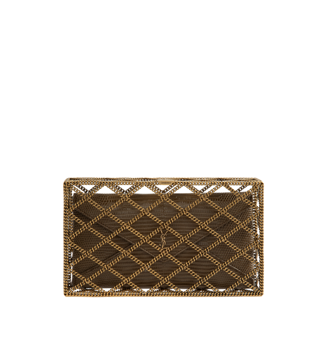 Image 1 of 3 - BROWN - Saint Laurent Women's Large Minaudire Crossbody Bag is crafted from gold-tone metal and features a structured evening silhouette with an adjustable chain shoulder strap and an antiqued gold-tone finish. Designed to make a statement, this elegant minaudire is lined in luxurious lizard leather and provides space for small essentials while maintaining a sleek, compact profile. Main Material: 100% Metal. Lining: 100% Lizard Leather. Hardware: Antiqued Gold-Tone Metal. Dimensions: 16 x 9 x