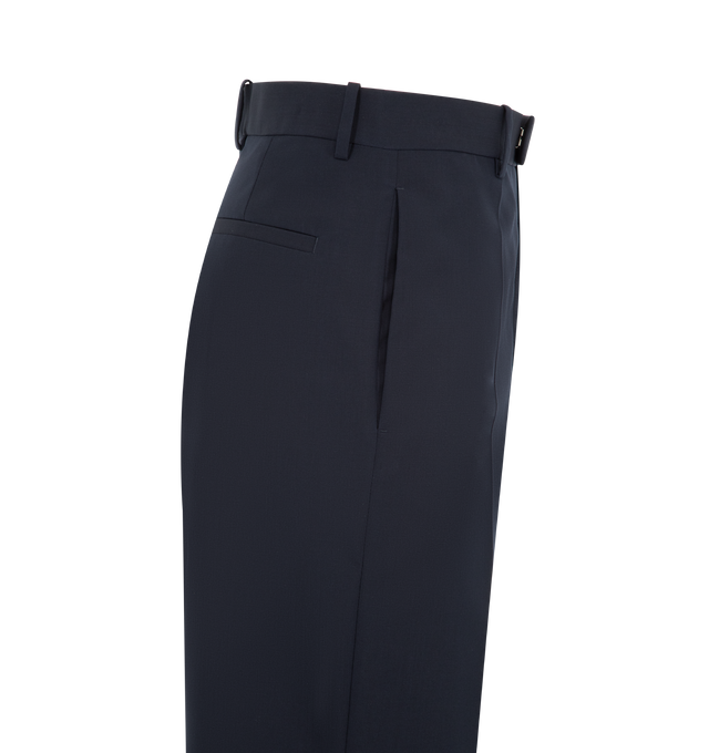 Image 3 of 3 - NAVY - JIL SANDER Trouser 219 featuring tailored wool suit trousers designed for a minimalist and clean silhouette with a straight leg, belt loops, a zip fly with hook closure, side welt pockets and a rear welt pocket. 100% virgin wool.