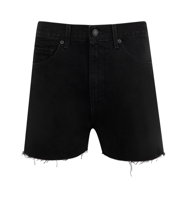 Image 1 of 3 - BLACK - Nili Lotan Cobain Frayed Denim Shorts featuring a frayed hem, mid-rise, straight fit, mid-thigh length, five-pocket style, button/zip fly, belt loops. Cotton. Made in USA.