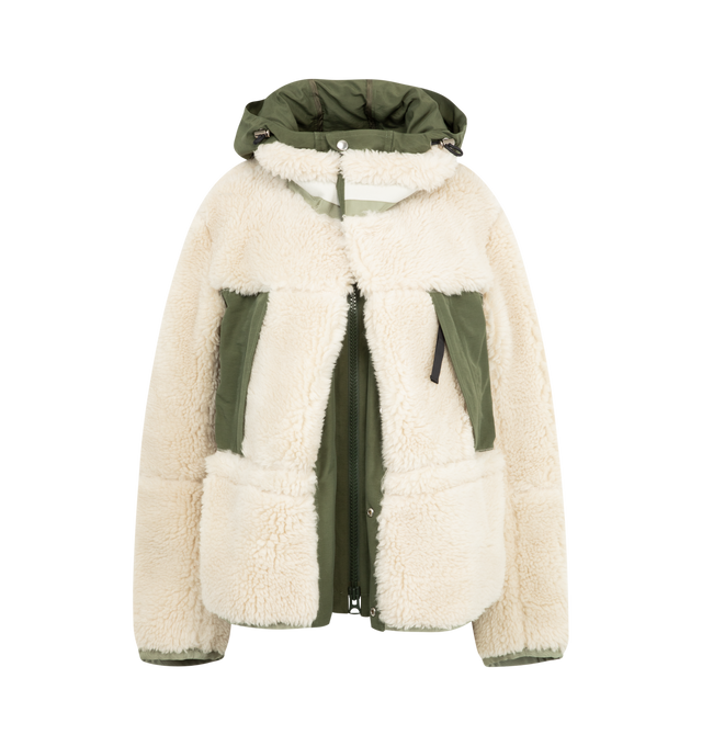 Image 1 of 3 - WHITE - SACAI Faux Sherling x Grosgrain Jacket featuring contrast drawstring hood, zip closure, two snap buttons on the neck, polyester zip pockets, inner drawstring at the waist and finished hem and cuffs. 50% wool, 28% acrylic, 22% polyester.