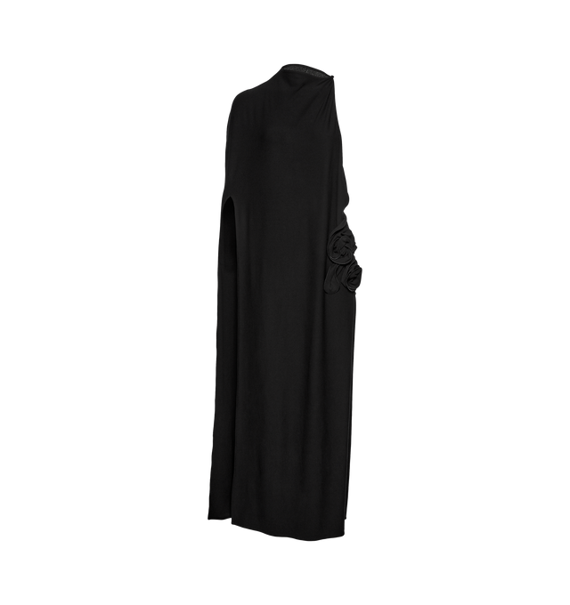 Image 1 of 2 - BLACK - MAGDA BUTRYM One-Shoulder Cape Maxi Dress featuring an asymmetrical one-shoulder gown with a cape to one side and floral appliqu on the other at the hip. 95% viscose, 5% elastane.