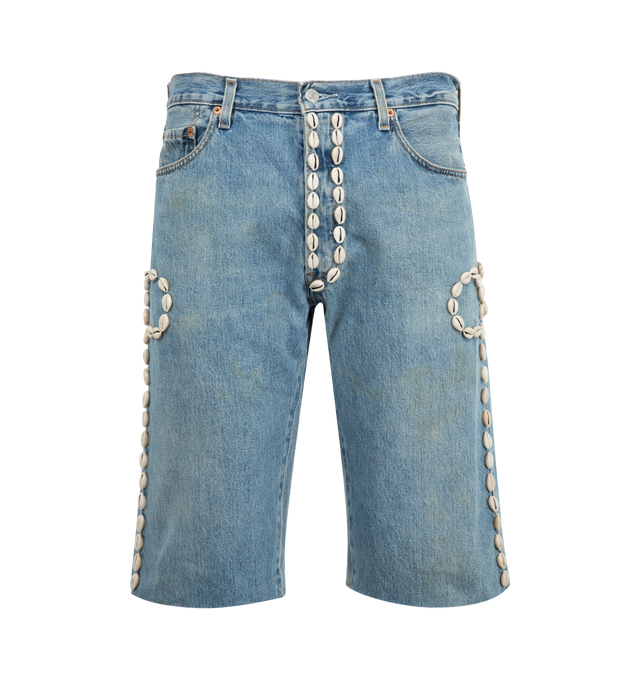 Image 1 of 3 - BLUE - BARRIERS Cowrie Shell Denim Shorts featuring upcycled 501 Levis, distressed throughout, five-pocket styling and hand embellished. 100% cotton. Made in USA.