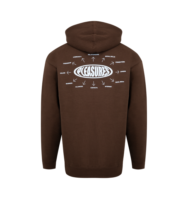 Image 2 of 2 - BROWN - PLEASURES Overview Logo Graphic Hoodie featuring drawstring hood, kangaroo pocket, ribbed cuffs and hem and graphic on front and back. 57% cotton, 43% polyester.