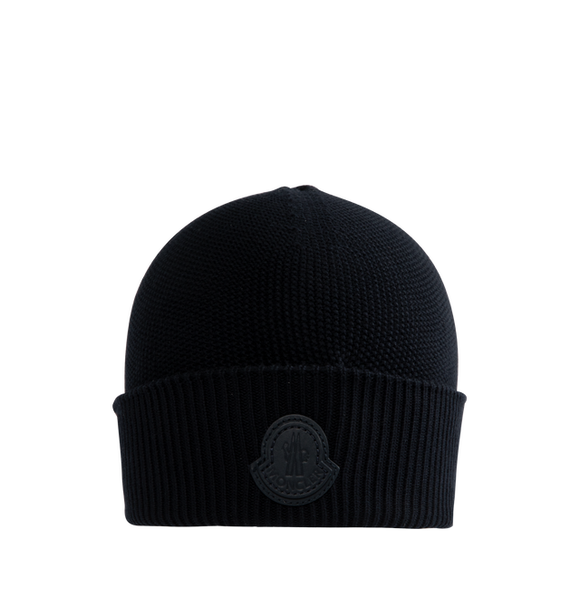 Image 1 of 2 - BLUE - MONCLER Wool Blend Beanie featuring ribbed knit and embossed silicone logo patch. 50% Acrylic, 50% Virgin wool.