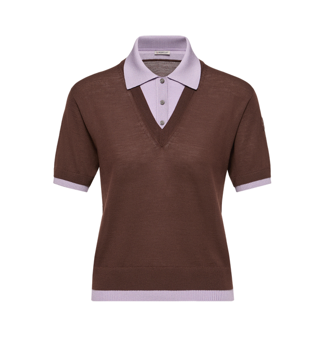 Image 1 of 2 - BROWN - MONCLER Layered Wool Polo Shirt featuring viscose blend collar and plaquette, gauge 18, short sleeves and leather logo patch. 100% virgin wool. 88% viscose/rayon, 12% polyester. Made in Romania.