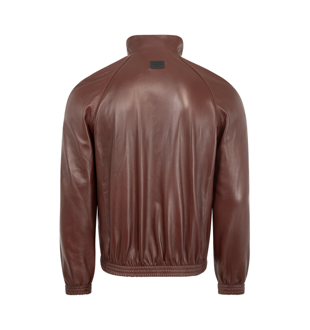 Image 2 of 3 - BROWN - ACNE STUDIOS Leather Jacket featuring funnel neck, soft lamb leather with a smooth handfeel, front seam pockets, elasticated cuffs and hem, metal logo plaque at the back neckline, regular fit and below-waist length. 100% lamb leather. Lining: 50% viscose, 50% acetate.