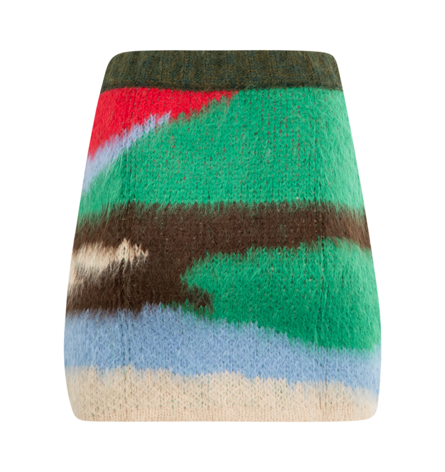 Image 2 of 2 - MULTI - THE ELDER STATESMAN Topo Jacquard Skirt featuring pull-on styling with elastic waistband, fuzzy knit fabric and mini length. 74% suri alpaca, 22% wool, 4% polyamide. Made in Peru.