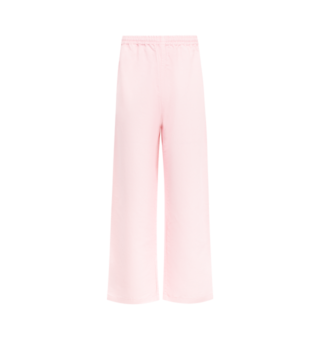 Image 1 of 3 - PINK - WILLY CHAVARRIA Ruff Rider Track Pant featuring a loose fit, an elastic waistband with a hidden drawstring, embroidered script logo on the left and side slit pockets. 50% cotton, 50% linen.