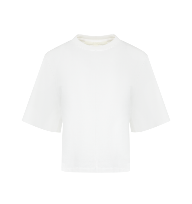 Image 1 of 2 - WHITE - RUADH The Isla T-Shirt featuring a slim-cut crew neck t-shirt designed to enhance the waist through intentional shaping. Framed by a classic crew neck and a double-layer sleeve to create structure and drama. This foundational piece is highly versatile and made out of heavyweight organic cotton. 100% organic cotton. Made in Portugal.