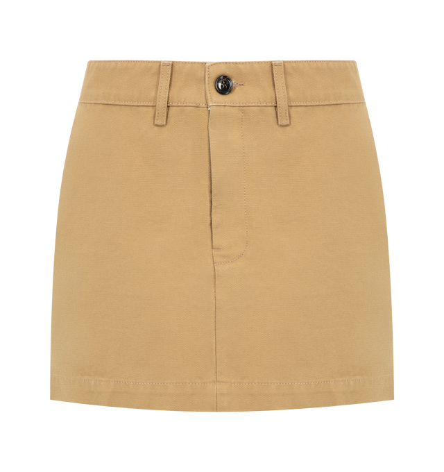 Image 1 of 3 - NEUTRAL - Balenciaga Womens Mini Cotton Skirt is crafted from heavy cotton. Feature a mid-rise waist, covered zip fly, belt loops, front slash pockets, back buttoned welt pocket, and a Balenciaga logo leather patch at the back. Main Material: 100% Cotton; Pocket Lining: 100% Cotton; Trim: Cow Leather. Made in Italy.