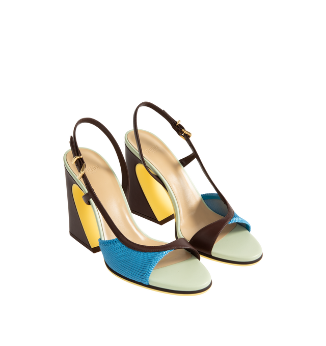 Image 2 of 4 - MULTI - FENDI Arco Pump featuring asymmetric sandal with wide heel iconic Arco shape, two-tone rubber sole with FF design, rubber heel sole, metal detail on the heel and engraved Fendi logo. 95mm heel. 75% polyester, 23% polyamide. Made in Italy.