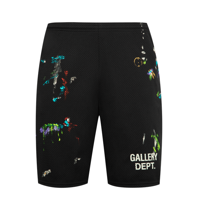 Image 1 of 3 - BLACK - GALLERY DEPT. Studio Gym Shorts featuring breathable mesh shorts with a logo print, elasticated waistband, paint-splatter details, an inner drawstring, and front slip pockets. Mesh.