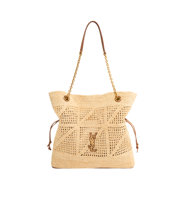 Image 1 of 3 - NEUTRAL - SAINT LAURENT Jamie Shopping Bag in Raffia featuring the cassandre, a chain strap, drawstring ties allow the sides to be cinched or expanded to create different silhouettes, bronze-tone hardware and magnetic closure. 13.8" x 13.8" x 3.9". Strap drop: 12.6". Raffia. Made in Madagascar.