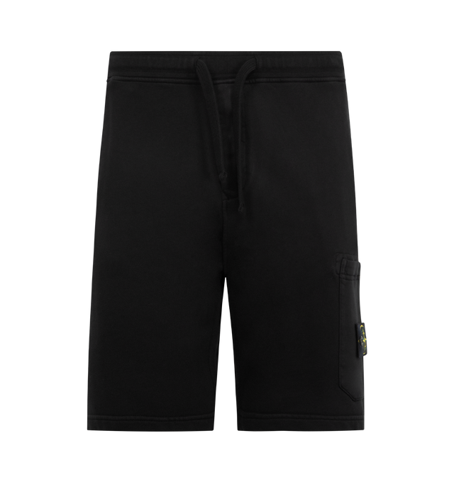Image 1 of 3 - BLACK - STONE ISLAND Shorts featuring standing hand pockets, one pocket on back with fixed flap and hidden snap, patch pocket on left leg with hidden zipper and Stone Island badge, elasticated waistband with drawstring, zipper fly, overlock seams and regular fit. 100% cotton.
