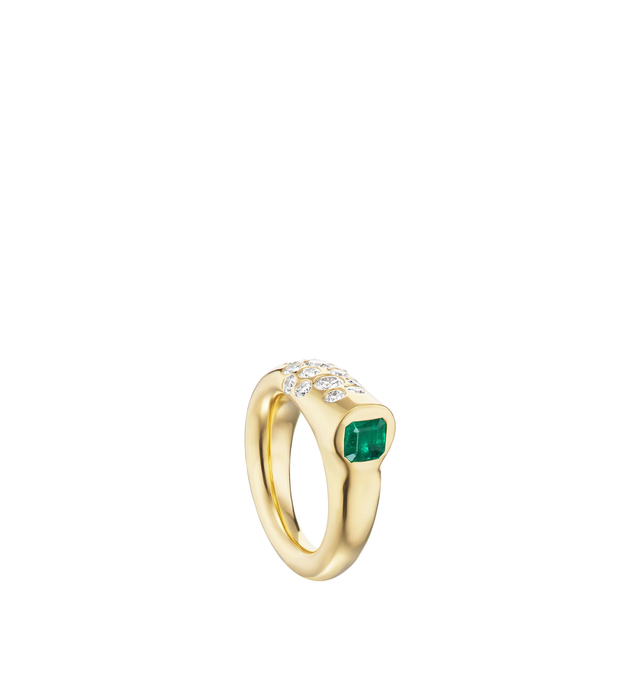 Image 1 of 1 - GOLD - Uniform Object Pinky Battery Ring is set with a 0.9CT Asscher cut emerald and a 0.56 TCW round diamond cluster in 15.5G solid 18K yellow gold. Made in USA. Hirshleifers offers a range of pieces from this collection in-store. For personal consultation and detailed information about jewelry, please contact our dedicated stylist team at personalshopping@hirshleifers.com.