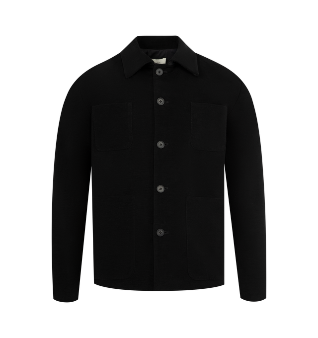 Image 1 of 3 - BLACK - THE ROW Kian Jacket featuring a buttoned front, classic collar, rounded chest pockets, patch pockets, interal pocket and one button cuffs. 100% cotton. Lined in silk. Made in Italy.