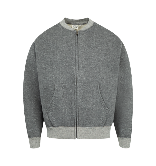 Image 1 of 2 - GREY - ORSLOW Front Zip Densely Knit Sweatshirt featuring a relaxed fit, zip-front closure, midweight cotton fleece jersey, rib-knit bomber style collar, a YKK zipper, hand pockets at the waist and ribbing at the cuffs and hem. 100% cotton. Made in Japan.