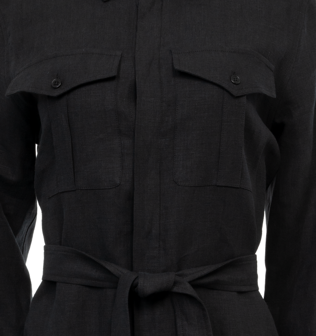 Image 3 of 3 - BLACK - NILI LOTAN Marcia Linen Dress featuring spread collar, concealed front button placket, self-covered tie belt and double chest pockets. 100% linen. Made in the USA. 