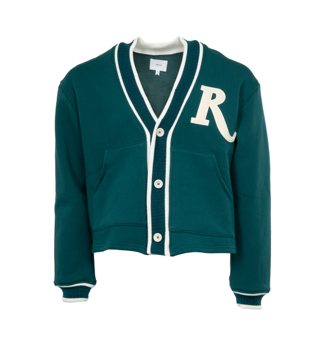 Image 1 of 3 - GREEN - RHUDE R-Patch Terry Cardigan featuring V-neck, long sleeves, two side pockets, contrast band trim and button-front closure.  
