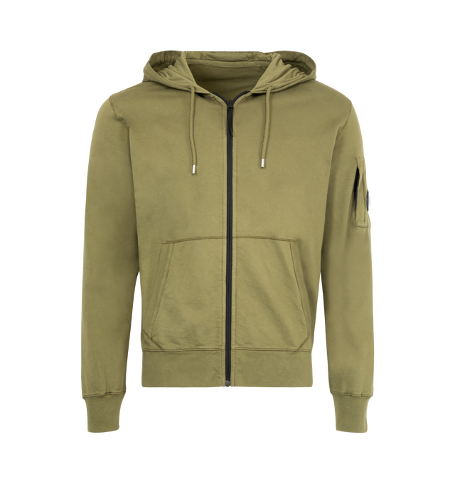 Image 1 of 3 - GREEN - C.P. COMPANY Light Fleece Hooded Full Zip Sweatshirt featuring adjustable hood, full zip fastening, lens detail, ribbed cuffs and hem, garment dyed and regular fit. 100% cotton.