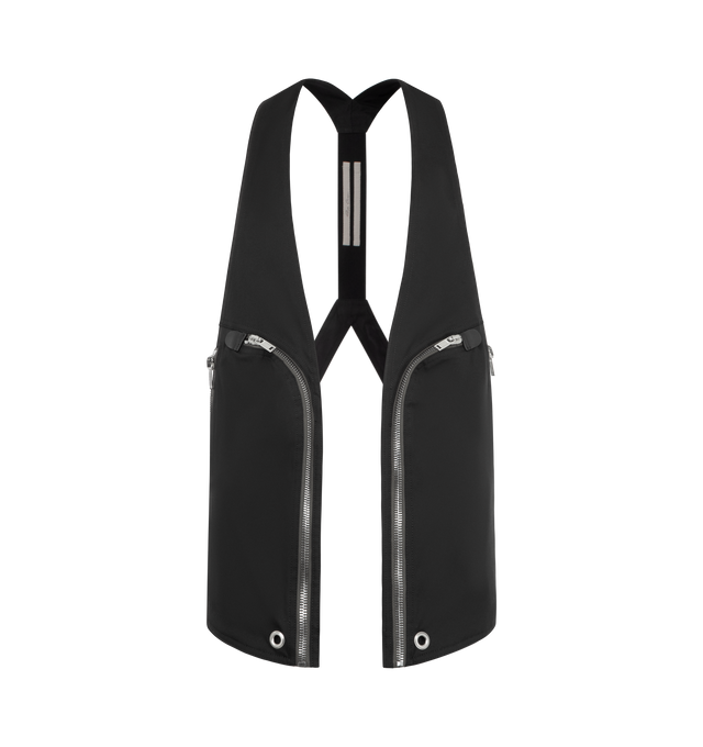 Image 1 of 2 - BLACK - RICK OWENS Bauhaus Vest featuring GOTS-certified organic cotton faille harness-style vest, open front, zip pockets, metal eyelets, calfskin pull-tabs at front, zip seam pockets, webbing strap at racer back and full stretch cotton broadcloth lining. Cotton.