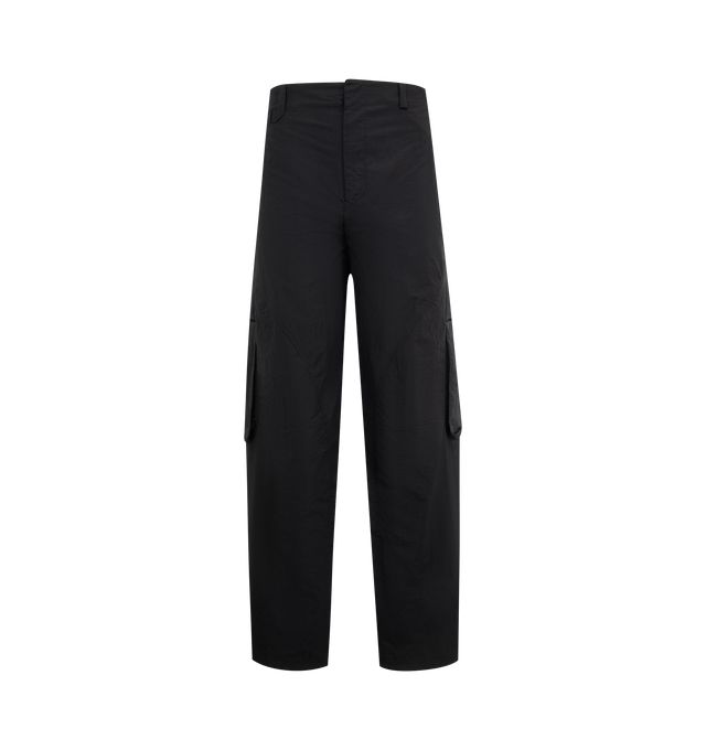 Image 1 of 3 - BLACK - JACQUEMUS Molino Cargo Pants featuring mid-high rise, lightweight technical fabric, wide curved leg, rounded seams, hidden snap button and zip fly, belt loops including a "J" loop, side-seam pockets, gusseted cargo pockets and slit pockets in the back. 96% polyamide, 4% polyurethane. Lining: 55% cotton, 45% polyester. Made in France.