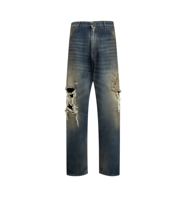 Image 1 of 3 - BLUE - VETEMENTS Distressed Baggy Jeans featuring fading, smudging, whiskering, and distressing throughout, belt loops, five-pocket styling, zip fly, rip at knee, logo topstitching at back pockets and contrast stitching in tan. 100% cotton. Made in Italy.