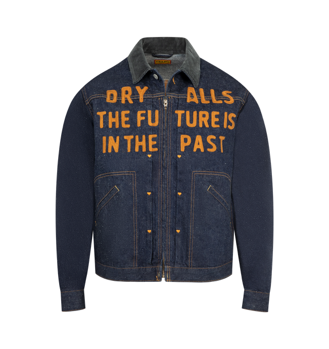 Image 1 of 3 - BLUE - HUMAN MADE Zip Up Denim Work Jacket featuring zipper closure, corduroy transition at the collar, chain embroidery graphics on the front and back, heart stitching on the width of the fastener, logo-engraved chin button is placed at the neck, and logo-engraved snap buttons on the cuffs. 100% cotton.