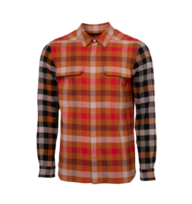 Image 1 of 3 - MULTI - RICK OWENS Plaid Outershirt featuring boxy fit, center front opening, classic shirt collar, beveled side seams, snap cuff and two square chest pockets. 100% cotton.  