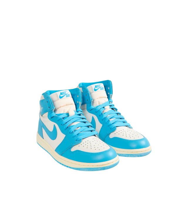 Image 2 of 5 - BLUE - JORDAN Air Jordan 1 Retro High OG Sneaker featuring high-top silhouette, genuine leather upper, classic Wings logo stamped on collar and a stitched-down Swoosh logo for heritage style, encapsulated Air-Sole units and rubber outsole.