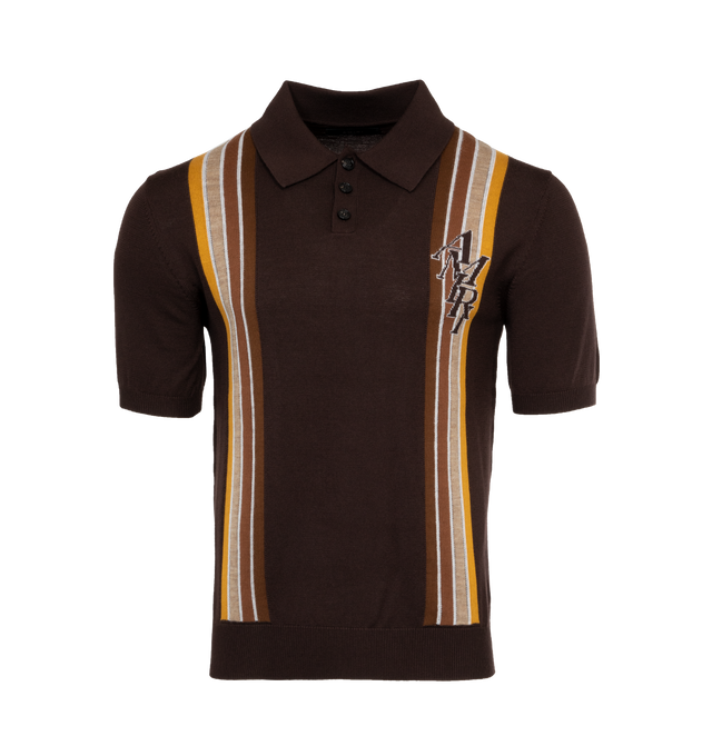 Image 1 of 3 - BROWN - AMIRI Retro Stripe Knit Polo Shirt featuring spread collar, three-button placket, short sleeves, ribbed cuffs and waistband and pullover style. Wool/cotton. Made in Italy. 